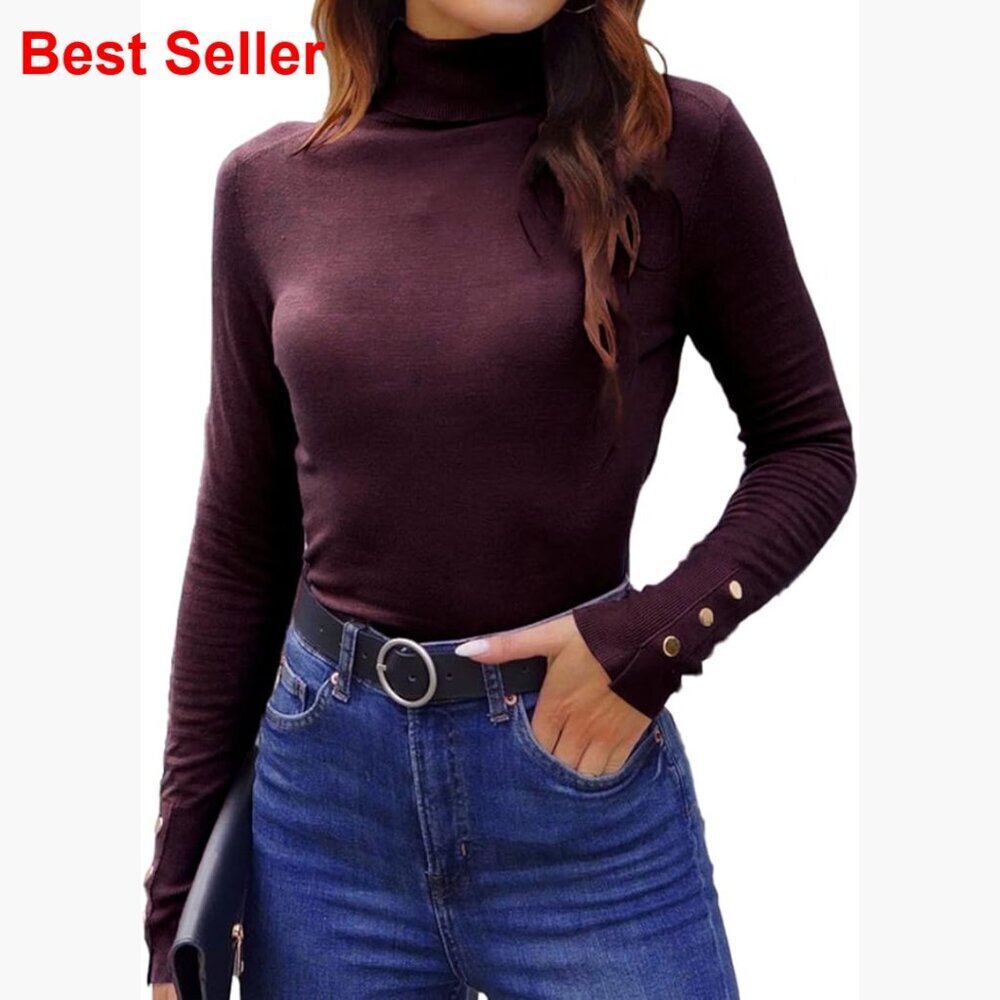 Fitted Turtleneck Sweater Long Sleeve Lightweight Soft Knit Pullover with Metal